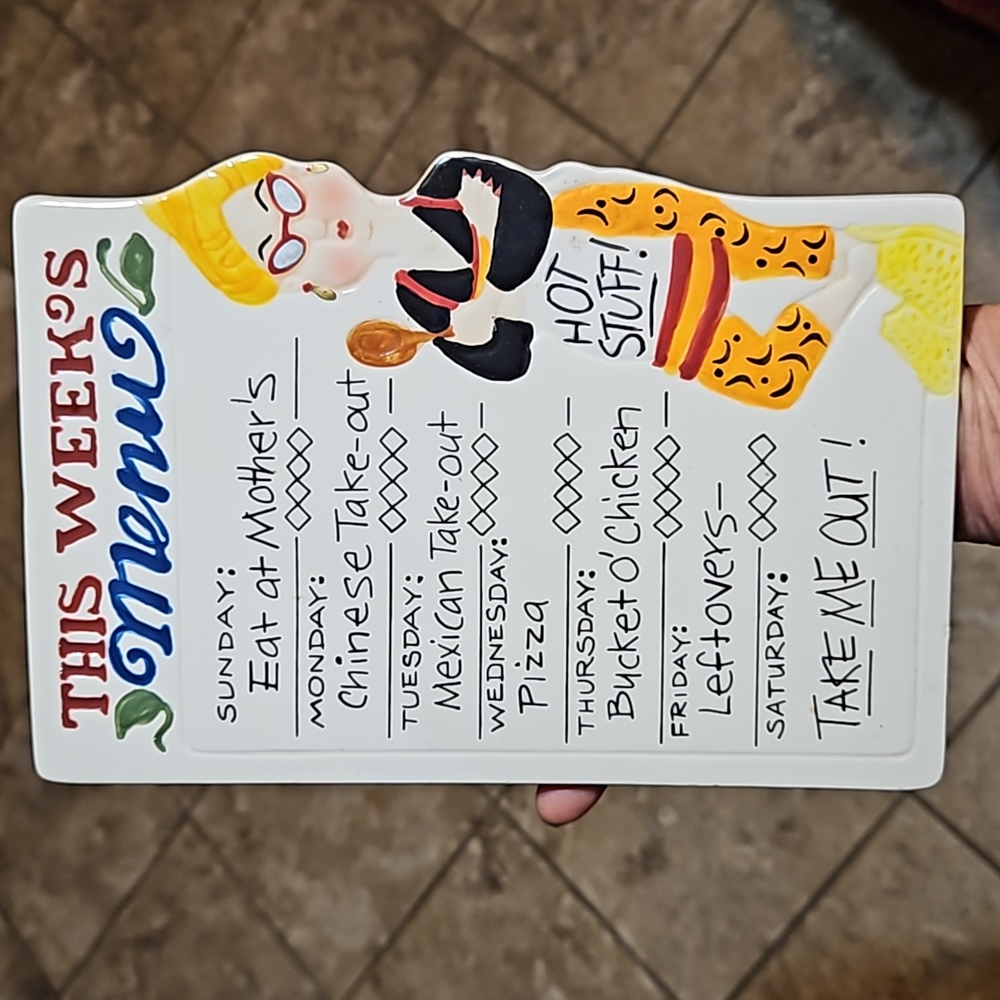 BOSTON WAREHOUSE This Weeks Menu Hot Stuff Ceramic Trivet Plaque-EC